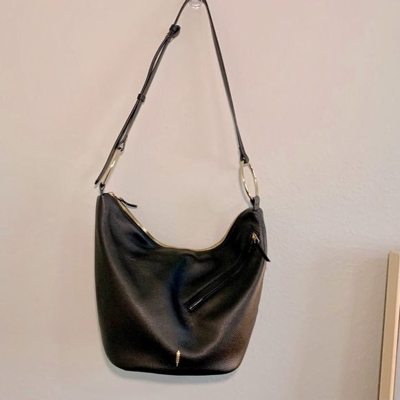 Thacker Black Pebbled Leather Hobo Bag with Gold Ring Detail Crossbody - Picture 1 of 8
